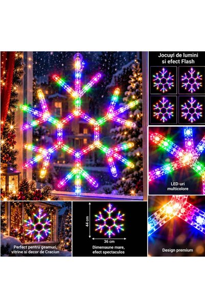 Reduceri Engros Decorațiune LED de Crăciun 44x36cm, Model Fulg de Nea, Lumină Multicoloră, Jocuri de Lumină și Efect de Bliț