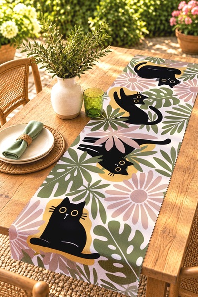 EVPANYA Floral Cat Patterned Runner / Tablecloth / Placemat