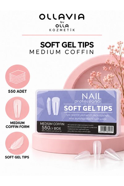 OLLAVIA 550'li Medium Coffin Soft Gel Tips – Hızlı Protez Tırnak Uzatma, Kaps...
