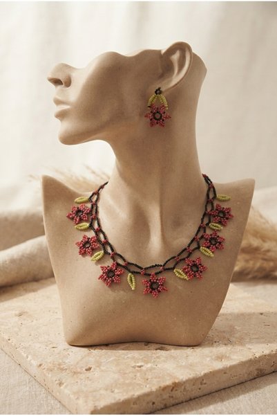 ZGNOVA Handmade Sand Beaded Flower Motif Special Design Necklace and Earring Set