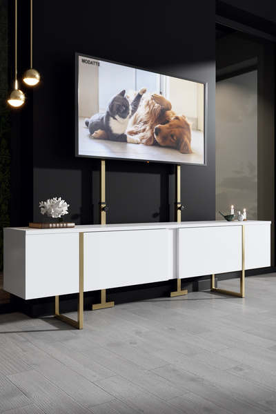 Modatte LUXE TELESKOPİK YÜKSEKLİK AYARLI METAL AYAKLI TV ÜNİTESİ GOLD BEYAZ
