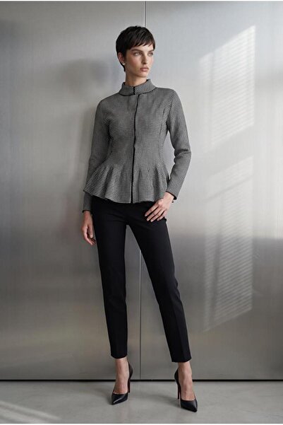 JOIN US Kazayağı Desenli Gizli Düğmeli Vatkalı Peplum Triko Ceket