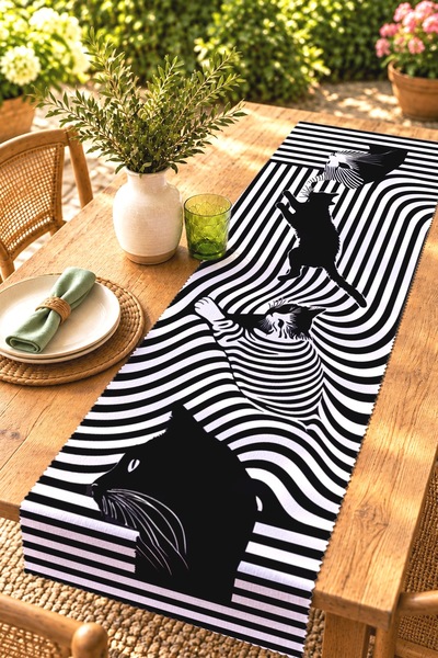 EVPANYA Black and White Cats Patterned Runner/Tablecloth/Placemat