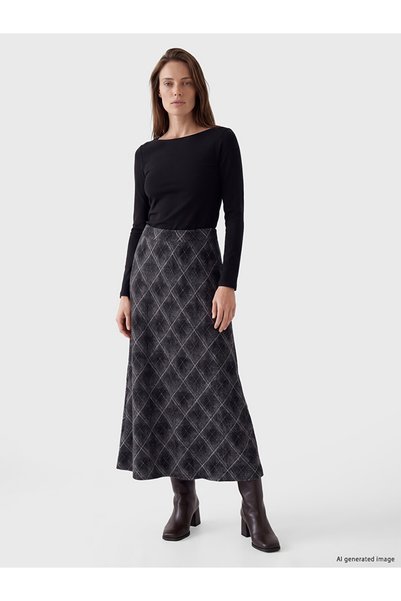 LC Waikiki Black A-Line Skirt with Elastic Waist and Diamond Pattern