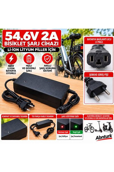 abnturk 54.6V 3A Elektrikli Bisiklet ve Scooter Şarj Cihazı Şarj Dolumuna Gör...