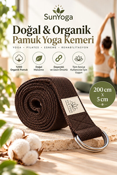 SUNYOGA Cureaua Yoga Pilates din bumbac natural 200x5 cm Curea de întindere maro