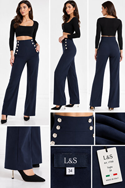 L&S Pantaloni damă L&S, bleumarin, talie înaltă, croială largă Palazzo, nastu...