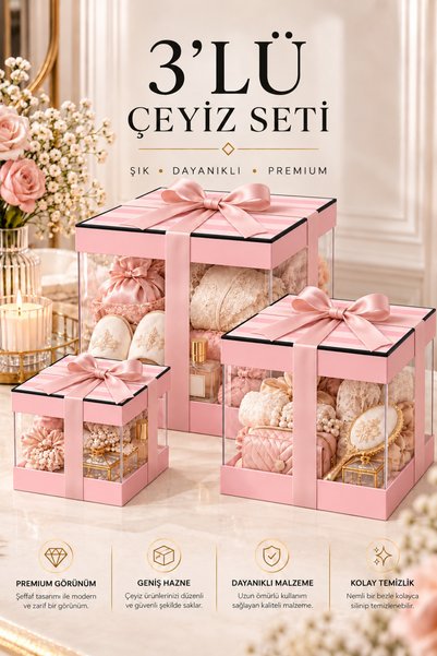 GIONA 3'lü Premium Victoria Çizgili Asetat Çeyiz Kutusu Seti | Şeffaf Katlana...
