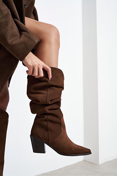 NİŞANTAŞI SHOES Menfis Bitter Brown Suede Leather Pointed Toe Thick Heel Wome...