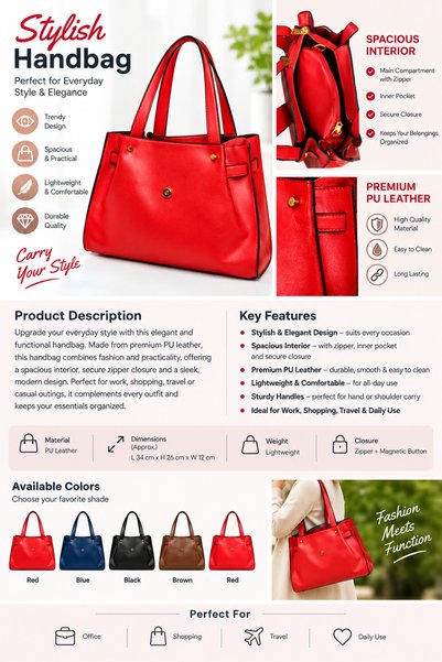 Generic Brand Stylish PU Leather Handbag with Zip Closure, Red