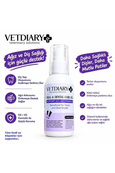 VETDIARY Oral & Dental Care Gel Kedi Köpek Ağız ve Diş Bakım Jeli D3 K2 Tarta...