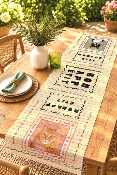 EVPANYA Cats Patterned Runner/Tablecloth/Placemat with Ribbons