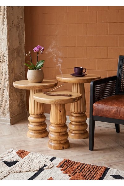 ASELYA HOME Doğal Ahşap 3’lü Set Meşe Renk Mantar Yan Sehpa Modern Fiskos Zig...