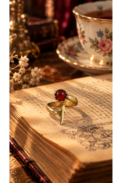 Begora Agate Natural Stone Elif Symbol Adjustable Vintage Women's Copper Ring