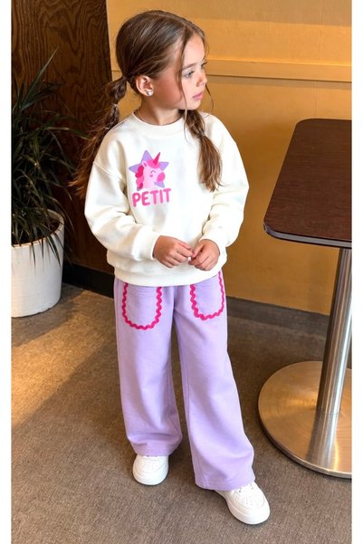 Alvadonna Set de hanorac cu model unicorn și pantaloni cu detaliu buzunar pentru fete