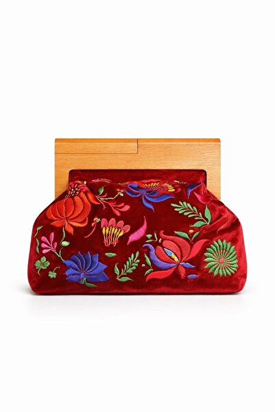 BA Design House Ahşap Burslu Kırmızı Kadife Nakışlı Clutch Portföy Çanta