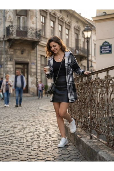 Polologin Butik Hooded Black and White Plaid Lumberjack Women's Shirt - Flannel Long Shirt Jacket