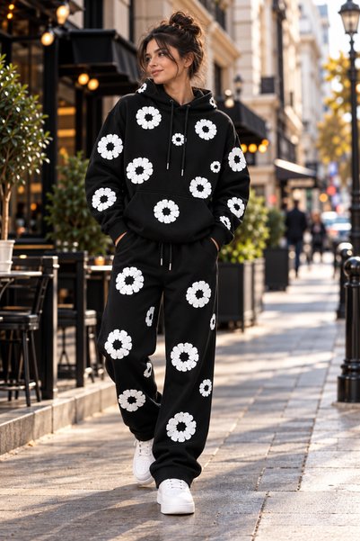 Urban Look Unisex White Floral Printed Oversize Hoodie Tracksuit Set