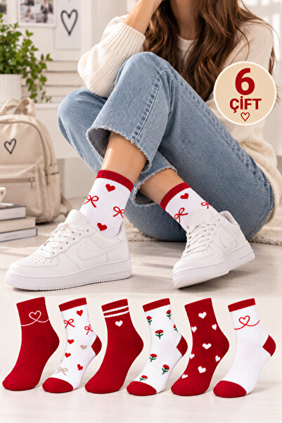 Caglar Socks 6 Çift Kadın Kırmızı Kalp Desenli Kolej Soket Çorap