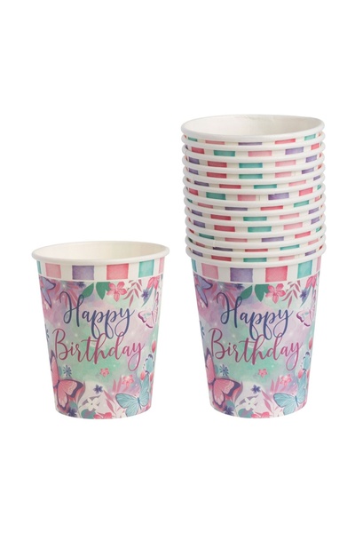 OEM Pahare din Carton de Petrecere Albe Roz Verde Menta Fluturi "Happy Birthd...