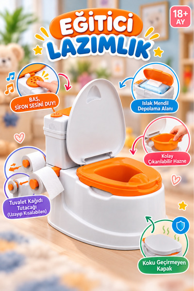 Tıfıl Toys Pilli Sifon Sesli Islak Mendil Hazneli ve Tuvalet Kağıdı Tutacaklı Klozet Eğitici Lazımlık