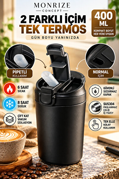 Monrize Concept 400 ML Pipetli Termos Mug Bardak Çift İçim Özellikli SUS304 Ç...