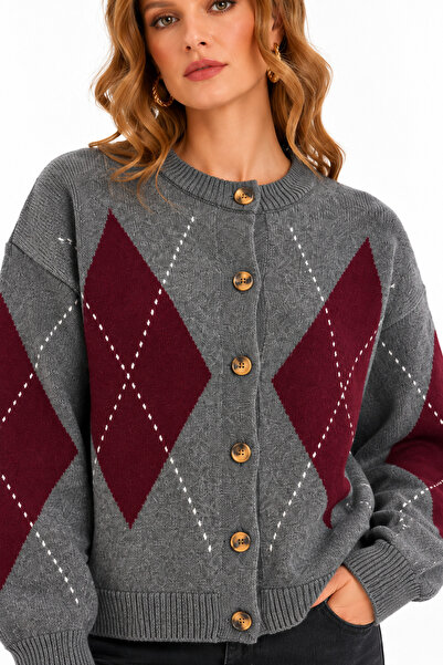 Selay Accessory Women's Ecru 100% Cotton Oversize Argyle Patterned Knitwear C...