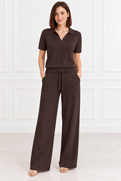 NO BRAND Set Damă Tricotat Maro cu Bluză Polo și Pantaloni Largi
