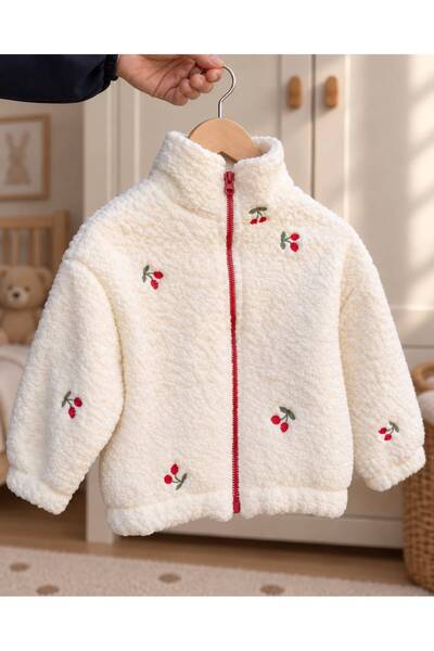 Minizade Girl's Cherry Embroidered Winter Plush Coat with 100% Cotton Lining ...