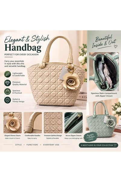 Generic Brand Elegant Quilted Handbag for Women with Flower Charm