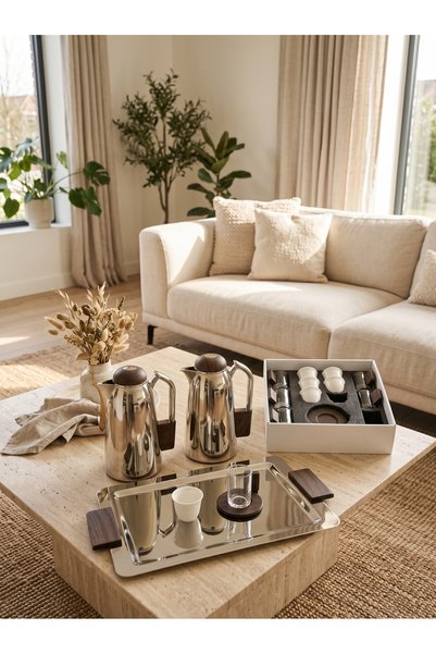 Generic Integrated Hospitality Set Featuring Stainless Steel Tea & Coffee Set + Tea Cups & Coffee Mugs with Saucers + Stainless Steel Serving Tray with Stylish & Functional Design