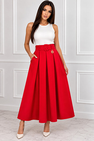 NO BRAND Fustă maxi elegantă cu talie înaltă și curea – roșu