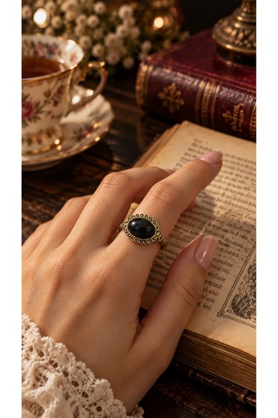 Begora Onyx Natural Stone Adjustable Vintage Women's Copper Ring