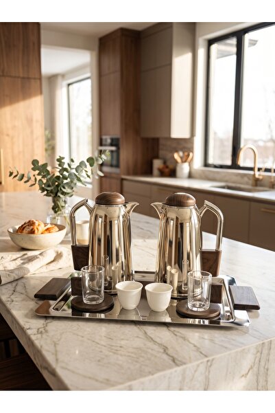 Generic Integrated Hospitality Set Featuring Stainless Steel Tea & Coffee Set + Tea Cups & Coffee Mugs with Saucers + Stainless Steel Serving Tray with Stylish & Functional Design