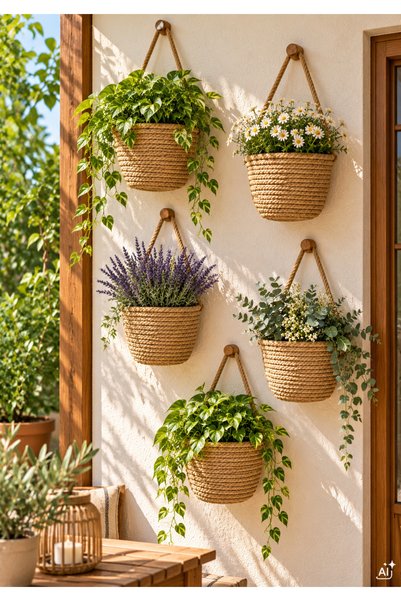 EGE ÖRGÜM 5’li Mini Duvar Askılı Örgü Sepet 12x11 cm – Bitkiler ve Ahşap Duva...