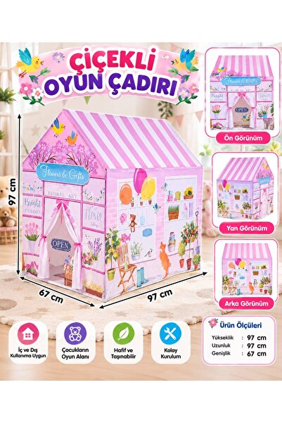 BYCEGU Çiçek Dükkanı Tasarımlı Çocuk Oyun Çadırı – Pembe Ev Modeli 97x97x67 cm