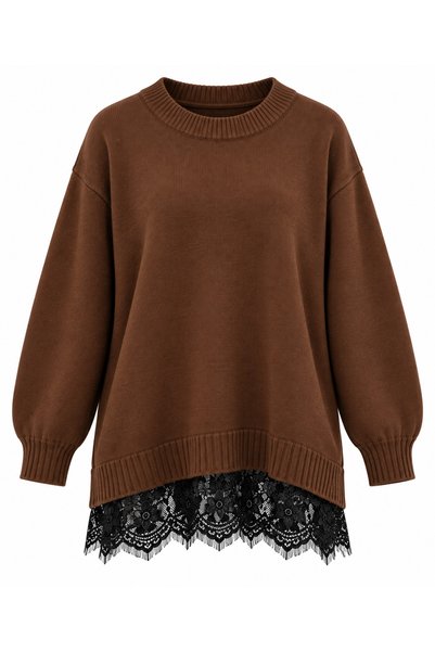 Selay Accessory Women's Burgundy Cotton Knitwear Lace Detailed Crew Neck Sweater