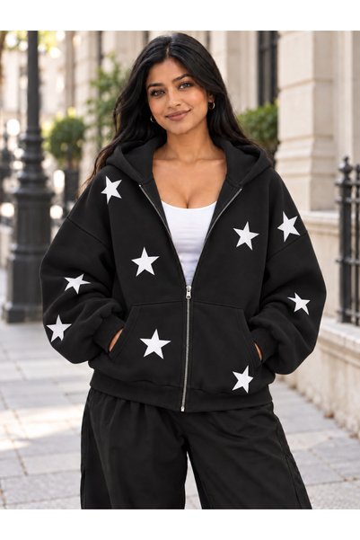 HAI COLLECTİON Büyük Beden Kadın Harf Baskılı Fermuarlı Cepli Sweatshirt Ceke...