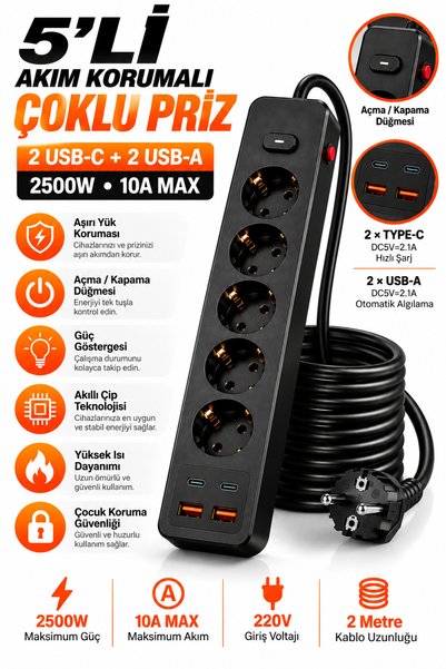 SAYMOND Pro Akım Korumalı Topraklı 5'li Çoklu Priz 2 USB-C 2 USB-A Çıkışlı 25...