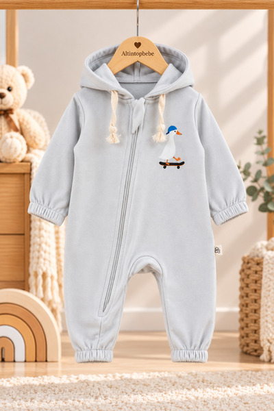 altıntop bebe Baby 100% Cotton Hooded Skateboard Duck Printed Gray Baby Romper