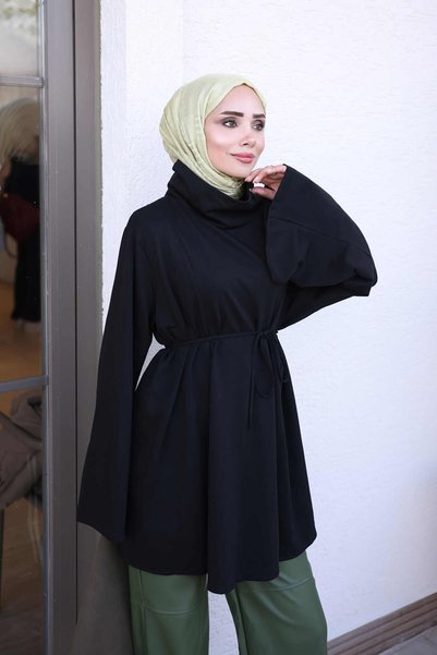 İmajButik Black High-Neck Tunic with Tie at the Waist
