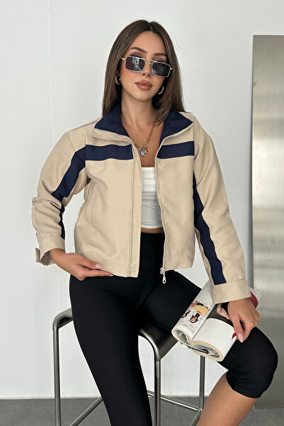 Noa&Noa Women's Stand Collar Zippered Sports Jacket with Stripe Detail