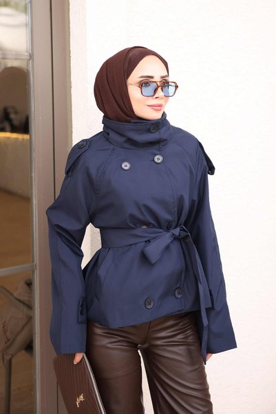 İmajButik معطف قصير مبطن بحزام وياقة عالية باللون الأزرق الداكن