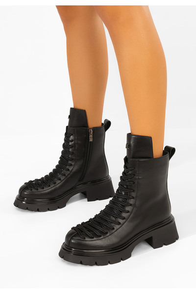B T Shoes Γυναικεία μαύρα δερμάτινα μποτάκια μάχης Βερλάνα
