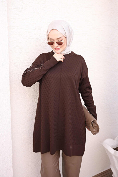 İmajButik Brown Handle Stone Detailed Cold Yarn Knitwear Tunic