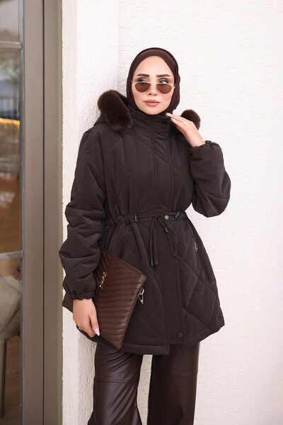 İmajButik Brown Hooded Waist-Tie Nova Coat