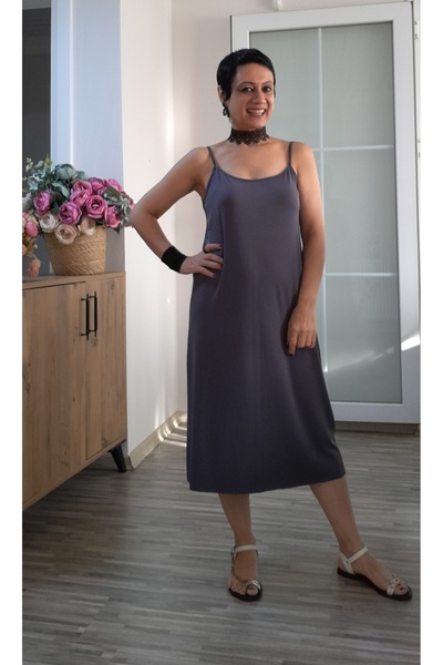 Mertcan Butik Smoked Rope Strap Knee-Length Combed Viscose Dress