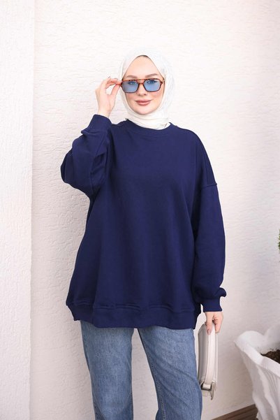 İmajButik Navy Blue Crew Neck Oversize Basic Sweatshirt