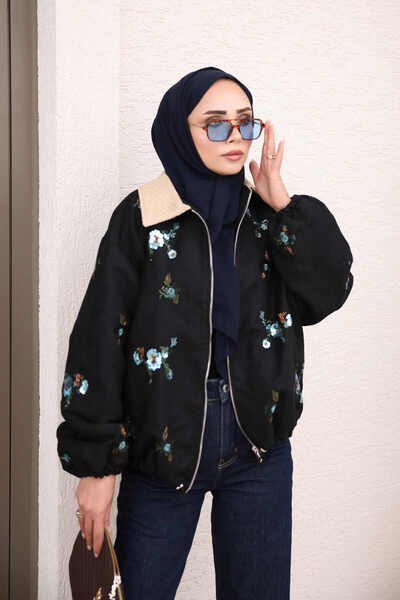 İmajButik Black Sequin Embroidered Jacket with Zipper and Elastic Sleeves and...
