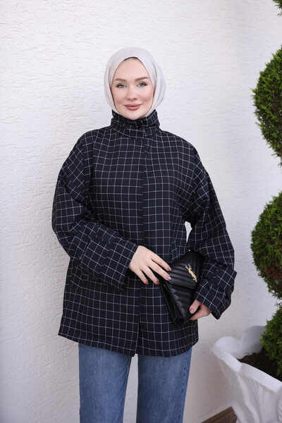 İmajButik معطف قصير أسود مربعات بجيوب وأزرار كبس
